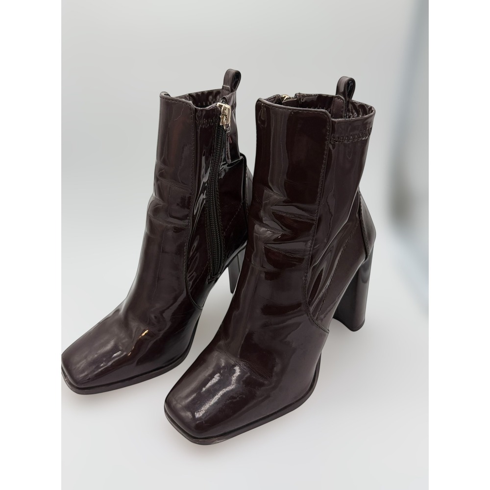 ALDO‎ Flex Burgundy Patent Square Toe Block Heel Ankle Boots Womens 5 Wine Red
